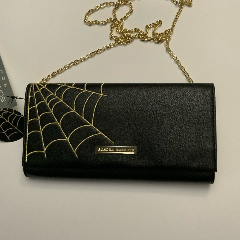 NWT Sondra Roberts clutch with gold web embroidery and gold strap